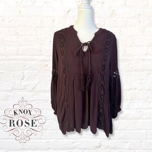 KNOX Rose Crochet Lace Tassel Tie Long Sleeve Peasant Top Size XS Plum Bohomian